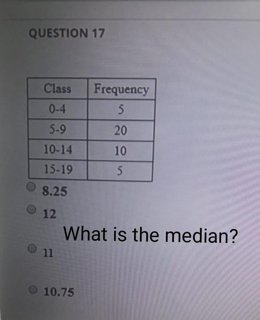 QUESTION 17
Class
Frequency
0-4
5.
5-9
20
10-14
10
15-19
O 8.25
12
What is the median?
11
10.75
