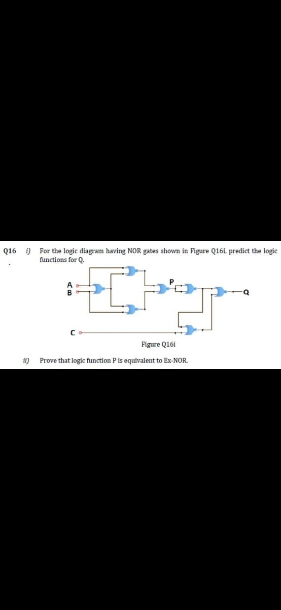 Q16 i) For the logic diagram having NOR gates shown in Figure Q16i. predict the logic
functions for Q.
Figure Q16i
ii)
Prove that logic function P is equivalent to Ex-NOR.
