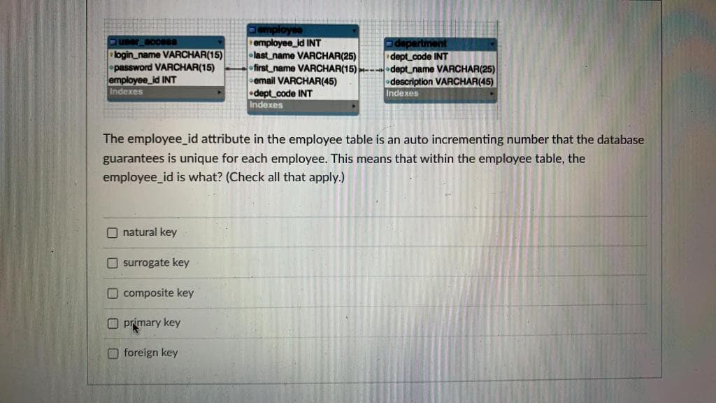 User acce8
login_name VARCHAR(15)
•password VARCHAR(15)
employee_id INT
employe
employee_id INT
last name VARCHAR(25)
first_name VARCHAR(15)
email VARCHAR(45)
dept code INT
department
dept code INT
dept_name VARCHAR(25)
description VARCHAR(45)
Indexes
Indexes
Indexes
The employee_id attribute in the employee table is an auto incrementing number that the database
guarantees is unique for each employee. This means that within the employee table, the
employee_id is what? (Check all that apply.)
O natural key
O surrogate key
O composite key
O primary key
O foreign key
