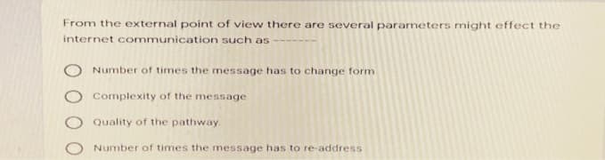 From the external point of view there are several parameters might effect the
internet communication such as
Number of times the message has to change form
Complexity of the message
Quality of the pathway.
Number of times the message has to re-address
