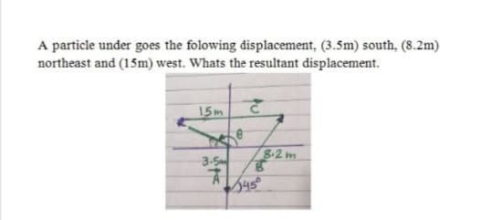 A particle under goes the folowing displacement, (3.5m) south, (8.2m)
northeast and (15m) west. Whats the resultant displacement.
15m
8-2 m
3.5
545
