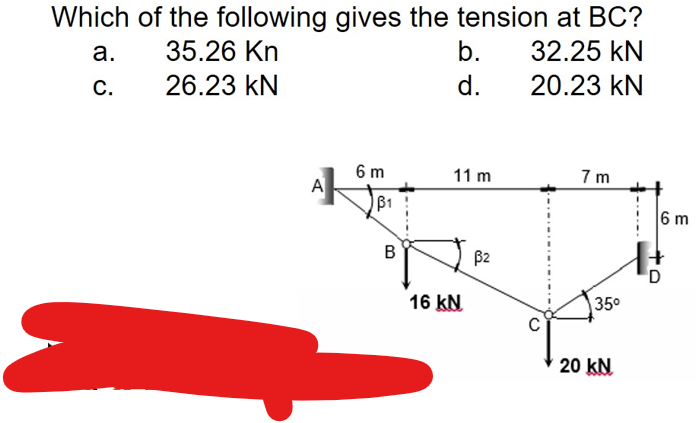 Which of the following gives the tension at BC?
32.25 kN
а.
35.26 Kn
b.
С.
26.23 kN
d.
20.23 kN
6 m
A
7 m
11 m
B1
6 m
B
B2
16 kN
20 kN
3.
