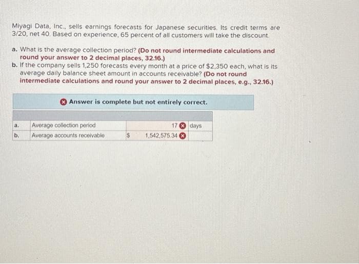 Miyagi Data, Inc., sells earnings forecasts for Japanese securities. Its credit terms are
3/20, net 40. Based on experience, 65 percent of all customers will take the discount.
a. What is the average collection period? (Do not round intermediate calculations and
round your answer to 2 decimal places, 32.16.)
b. If the company sells 1,250 forecasts every month at a price of $2,350 each, what is its
average daily balance sheet amount in accounts receivable? (Do not round
intermediate calculations and round your answer to 2 decimal places, e.g., 32.16.)
Answer is complete but not entirely correct.
a.
Average collection period
b. Average accounts receivable)
$
17 days
1,542,575.34