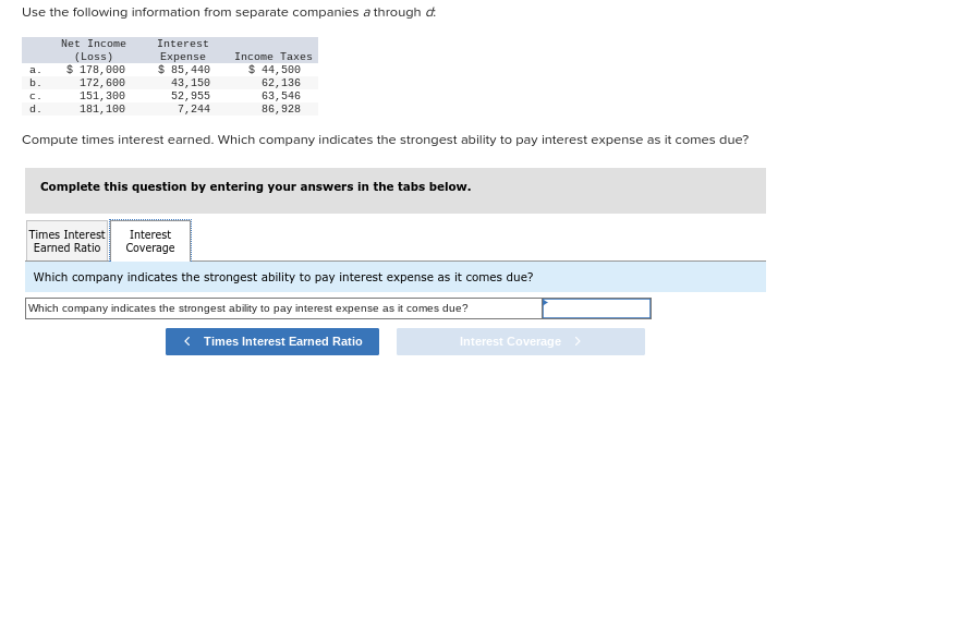 Use the following information from separate companies a through d.
Net Income
(Loss)
Income Taxes
$ 178,000
172, 600
$ 44,500
62, 136
151,300
52,955
63,546
181, 100
7,244
86,928
Compute times interest earned. Which company indicates the strongest ability to pay interest expense as it comes due?
a.
b.
C.
d.
Interest
Expense
$ 85,440
43, 150
Complete this question by entering your answers in the tabs below.
Interest
Times Interest
Earned Ratio Coverage
Which company indicates the strongest ability to pay interest expense as it comes due?
Which company indicates the strongest ability to pay interest expense as it comes due?
< Times Interest Earned Ratio
Interest Coverage