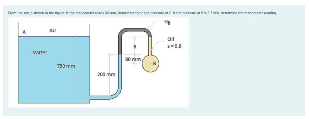 From the setup shown in the figure: If the manometer reads 60 mm, determine the gage pressure at B. If the pressure at B is 3.5 kPa, determine the manometer reading.
Hg
A
Water
Air
750 mm
200 mm
80 mm
B
Oil
S=0.8