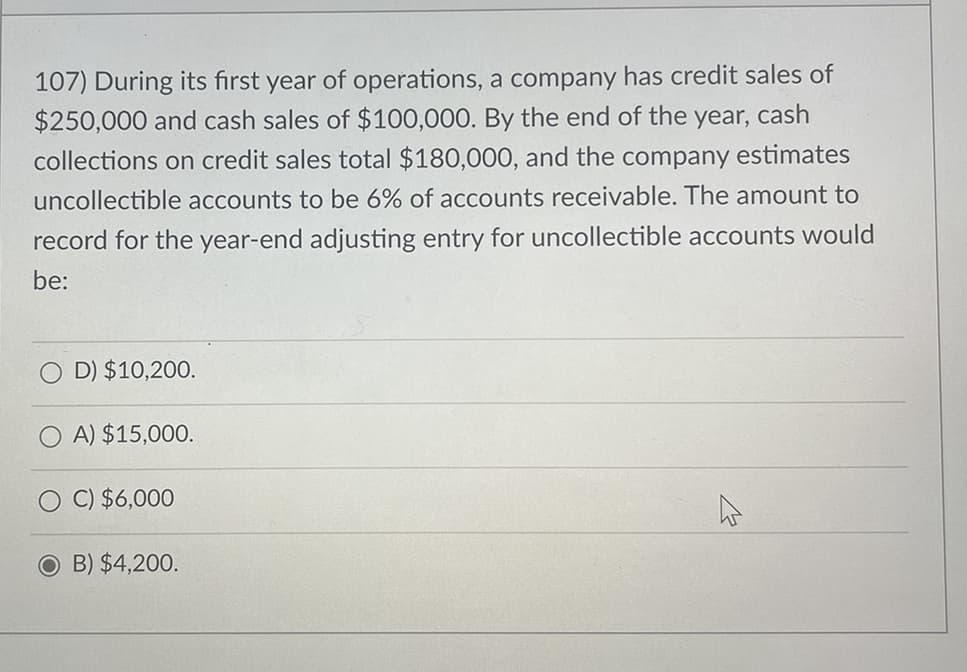 107) During its first year of operations, a company has credit sales of
$250,000 and cash sales of $100,000. By the end of the year, cash
collections on credit sales total $180,000, and the company estimates
uncollectible accounts to be 6% of accounts receivable. The amount to
record for the year-end adjusting entry for uncollectible accounts would
be:
D) $10,200.
A) $15,000.
C) $6,000
OB) $4,200.
A