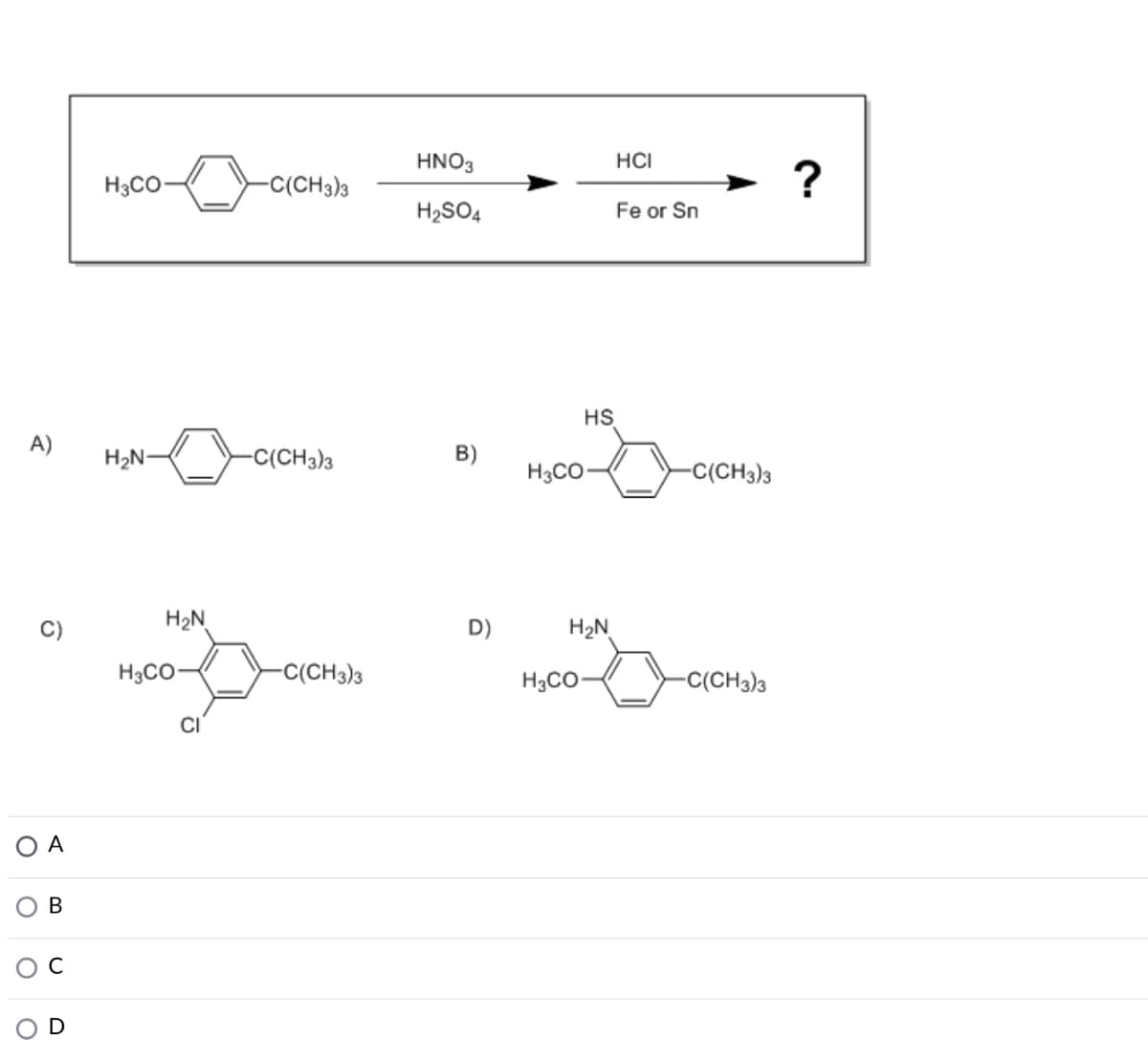 HNO3
HCI
H3CO-
-C(CH3)3
?
H2SO4
Fe or Sn
HS
А)
H2N-
-C(CH3)3
B)
H3CO-
-C(CH3)3
H2N
D)
H2N
H3CO-
-C(CH3)3
H3CO-
-C(CH3)3
O A
В
