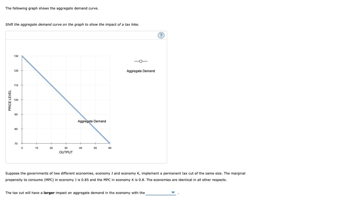 The following graph shows the aggregate demand curve.
Shift the aggregate demand curve on the graph to show the impact of a tax hike.
(?)
130
Aggregate Demand
120
110
100
90
Aggregate Demand
80
70
10
20
30
60
OUTPUT
Suppose the governments of two different economies, economy J and economy K, implement a permanent tax cut of the same size. The marginal
propensity to consume (MPC) in economy J is 0.85 and the MPC in economy K is 0.8. The economies are identical in all other respects.
The tax cut will have a larger impact on aggregate demand in the economy with the
PRICE LEVEL
