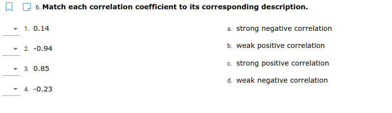 6. Match each correlation coefficient to its corresponding description.
1. 0.14
a. strong negative correlation
b. weak positive correlation
2. -0.94
c. strong positive correlation
3. 0.85
d. weak negative correlation
• 4. -0.23
