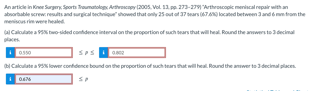 An article in Knee Surgery, Sports Traumatology, Arthroscopy (2005, Vol. 13, pp. 273-279) "Arthroscopic meniscal repair with an
absorbable screw: results and surgical technique" showed that only 25 out of 37 tears (67.6%) located between 3 and 6 mm from the
meniscus rim were healed.
(a) Calculate a 95% two-sided confidence interval on the proportion of such tears that will heal. Round the answers to 3 decimal
places.
i 0.550
≤p≤ i 0.802
(b) Calculate a 95% lower confidence bound on the proportion of such tears that will heal. Round the answer to 3 decimal places.
i 0.676
≤p