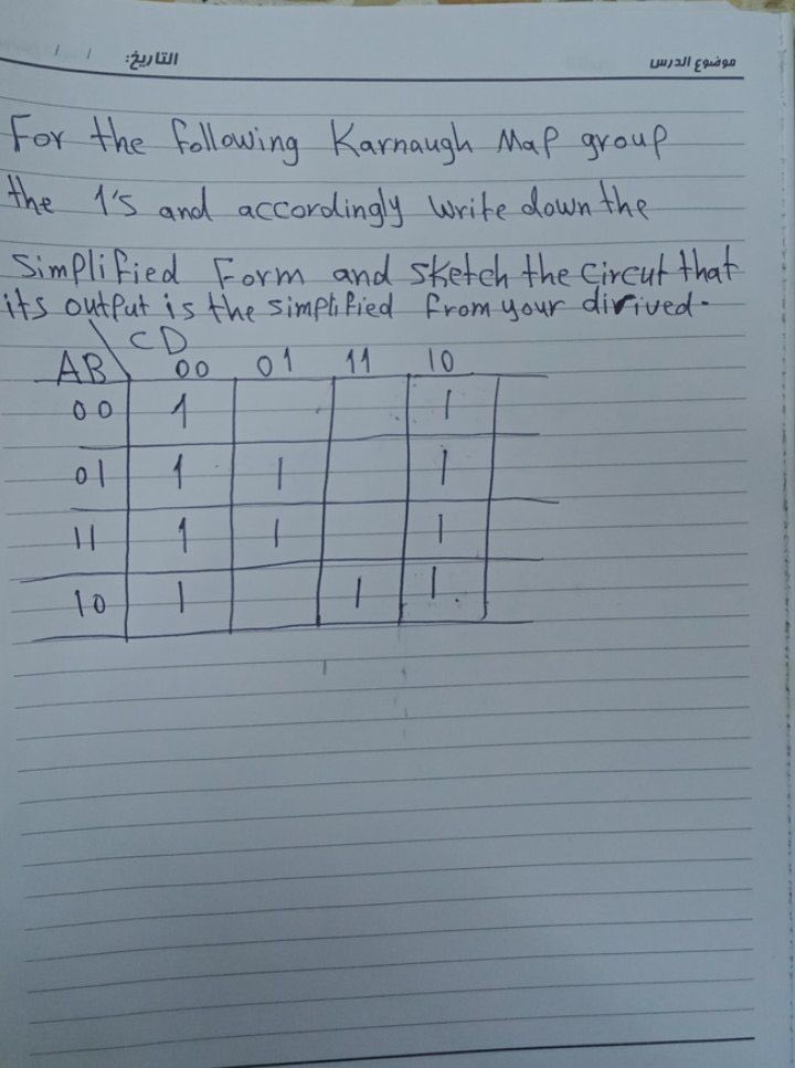 For the fallowing Karnaugh Map group
the 1'5 and accordingly Write down the
Simplified Form and sketch the Gircut that
its outfut is the simpli fied from your dirived-
CD
AR
00
01
11
10
00
1.
||
1.
10
