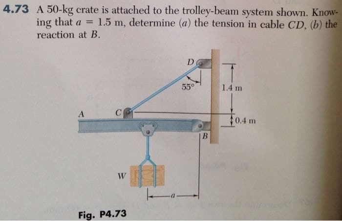 4.73 A 50-kg crate is attached to the trolley-beam system shown. Know-
ing that a = 1.5 m, determine (a) the tension in cable CD, (b) the
reaction at B.
D
55°
1.4 m
A
0.4 m
W
Fig. P4.73
