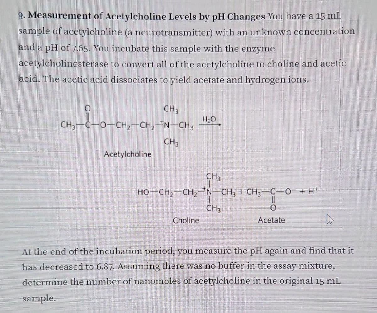 9. Measurement of Acetylcholine Levels by pH Changes You have a 15 mL
sample of acetylcholine (a neurotransmitter) with an unknown concentration
and a pH of 7.65. You incubate this sample with the enzyme
acetylcholinesterase to convert all of the acetylcholine to choline and acetic
acid. The acetic acid dissociates to yield acetate and hydrogen ions.
010
CH3
H₂O
CH3-C-O-CH2-CH2-N-CH3
CH3
Acetylcholine
CH3
HO-CH2-CH2-N-CH3 + CH3-C-0¯ + H+
CH3
Choline
Acetate
At the end of the incubation period, you measure the pH again and find that it
has decreased to 6.87. Assuming there was no buffer in the assay mixture,
determine the number of nanomoles of acetylcholine in the original 15 mL
sample.