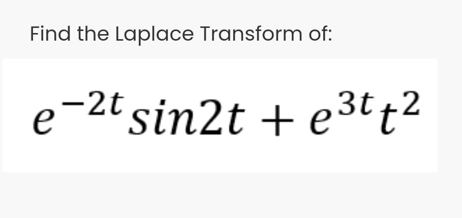 Find the Laplace Transform of:
e-2t sin2t + e3tt2
