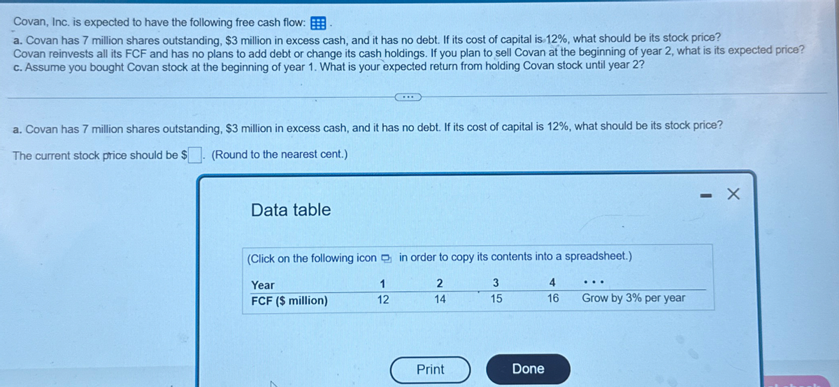 Covan, Inc. is expected to have the following free cash flow:
a. Covan has 7 million shares outstanding, $3 million in excess cash, and it has no debt. If its cost of capital is 12%, what should be its stock price?
Covan reinvests all its FCF and has no plans to add debt or change its cash holdings. If you plan to sell Covan at the beginning of year 2, what is its expected price?
c. Assume you bought Covan stock at the beginning of year 1. What is your expected return from holding Covan stock until year 2?
a. Covan has 7 million shares outstanding, $3 million in excess cash, and it has no debt. If its cost of capital is 12%, what should be its stock price?
The current stock price should be $
(Round to the nearest cent.)
Data table
(Click on the following icon in order to copy its contents into a spreadsheet.)
Year
1
2
3
4
FCF ($ million)
12
14
15
16
Grow by 3% per year
Print
Done
- X