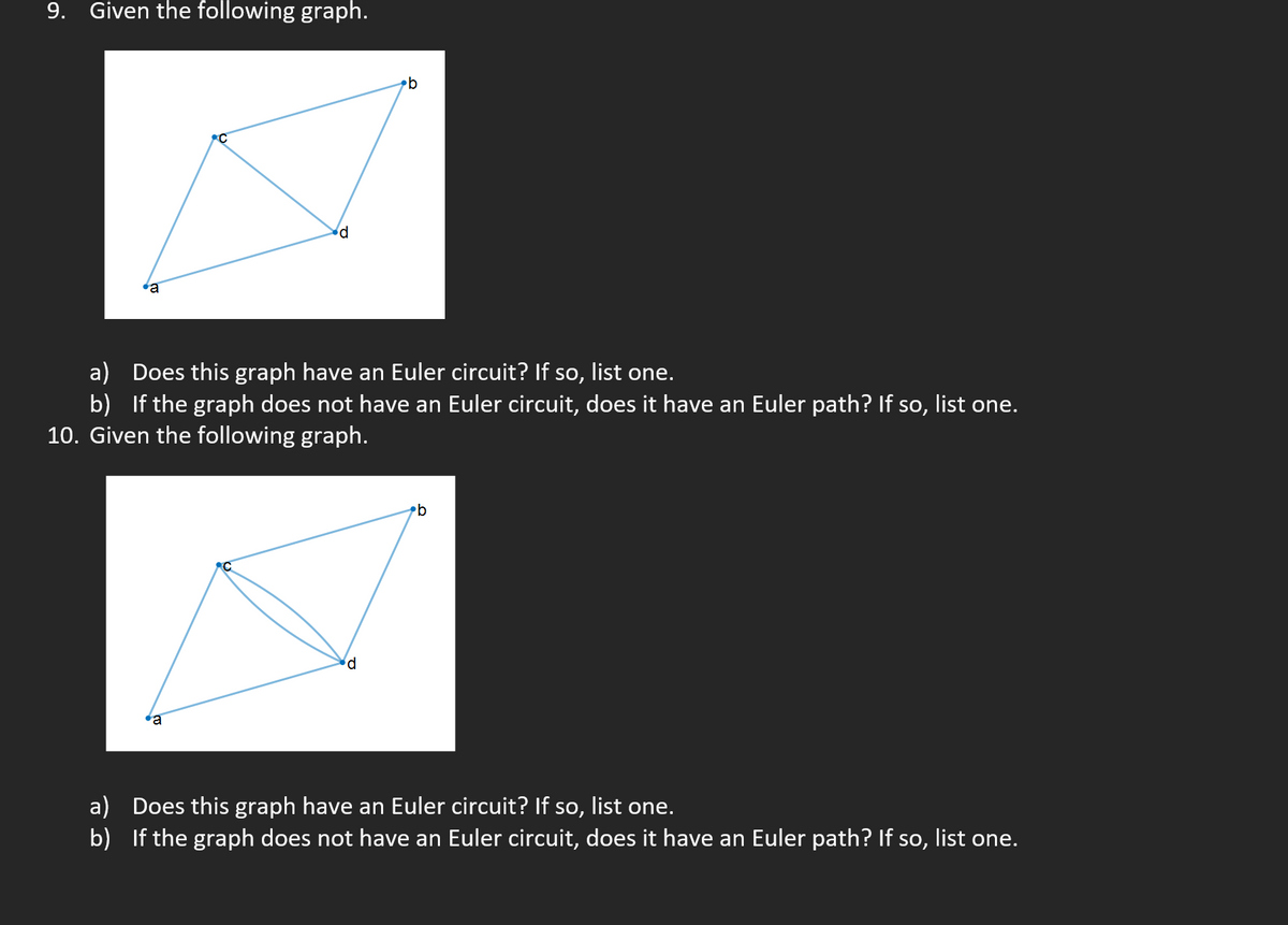 9. Given the following graph.
a) Does this graph have an Euler circuit? If so, list one.
b) If the graph does not have an Euler circuit, does it have an Euler path? If so, list one.
10. Given the following graph.
b
a) Does this graph have an Euler circuit? If so, list one.
b) If the graph does not have an Euler circuit, does it have an Euler path? If so, list one.
