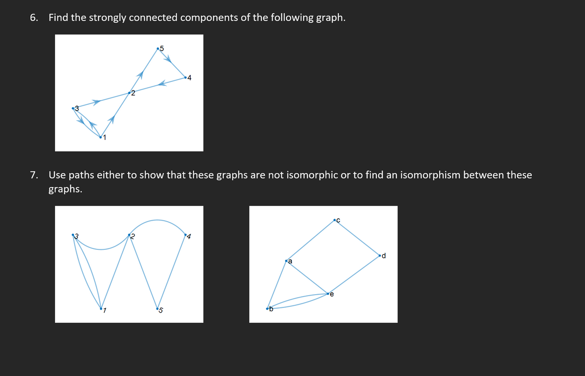 6. Find the strongly connected components of the following graph.
7. Use paths either to show that these graphs are not isomorphic or to find an isomorphism between these
graphs.
e
5
