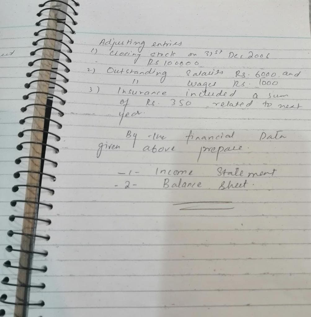 2)
Adjusting entries.
Closing
3)
31st Der 2006
Outstanding Palacies Rs. 6000, and
Wages
Rs.
Insurance
Rs.
included
year.
given
2-
shek
Rs 100000
on
350
above
financial
prepare.
Income
related
Balance
a
Siem
to next
Data
Stalement
Sheet