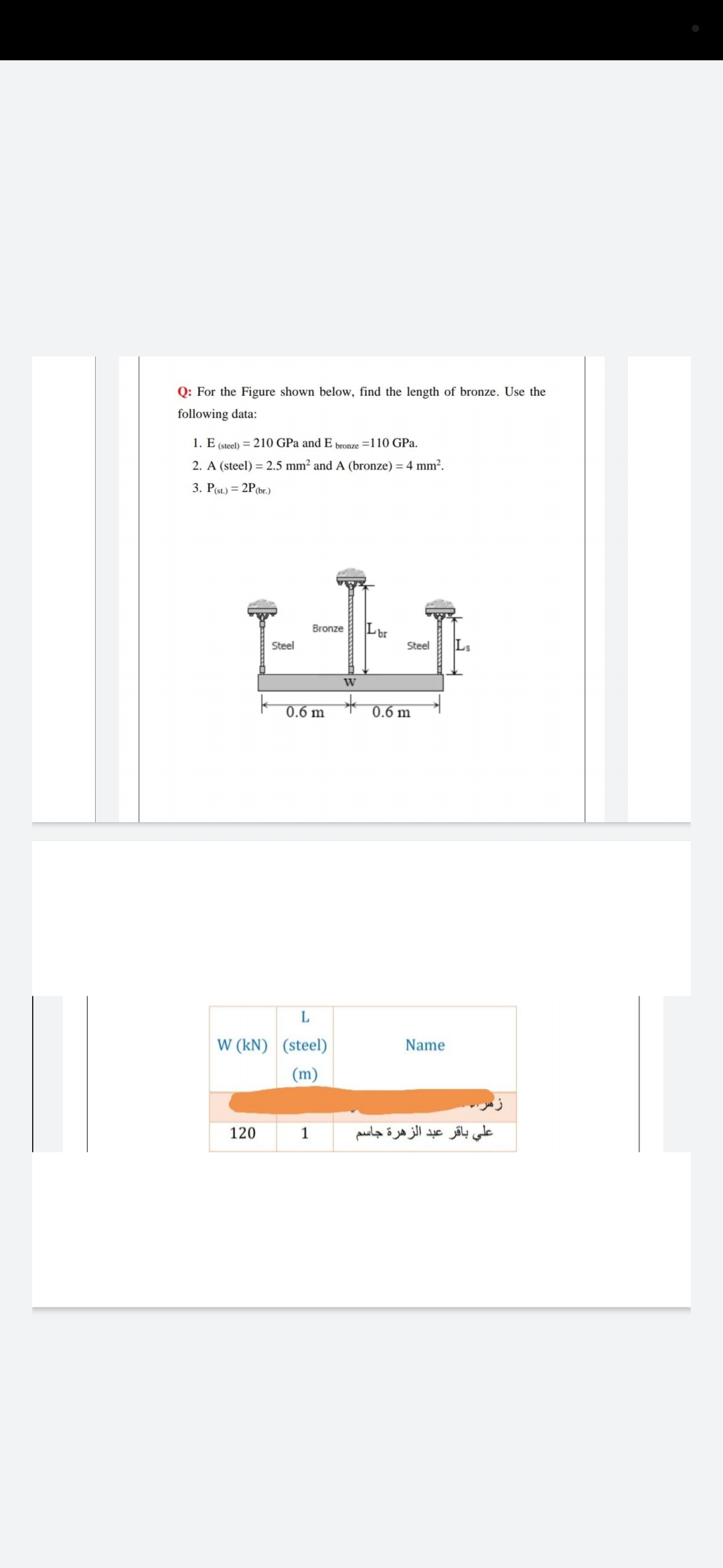 Q: For the Figure shown below, find the length of bronze. Use the
following data:
1. E
(steel) = 210 GPa and E bronze =110 GPa.
2. A (steel) = 2.5 mm² and A (bronze) = 4 mm².
3. Pst) = 2P(br.)
Bronze
Lbr
Steel
Steel
L:
0.6 m
0.6 m
L
W (kN) (steel)
(m)
Name
120
1
علي باقر عبد الزهرة جاسم
