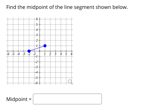 Find the midpoint of the line segment shown below.
5-
4-
3-
2-
-6 -5 -4 -3-2
2 3 4 $ 6
-2
-3-
-5
