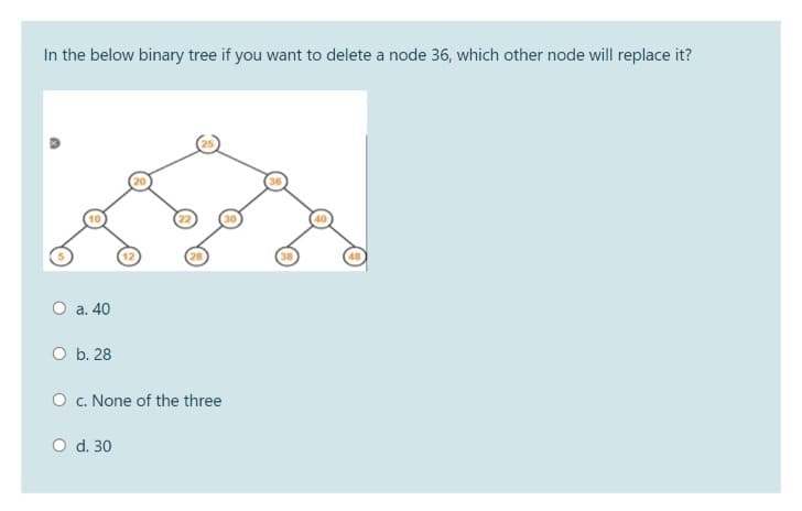 In the below binary tree if you want to delete a node 36, which other node will replace it?
O a. 40
O b. 28
O . None of the three
O d. 30
