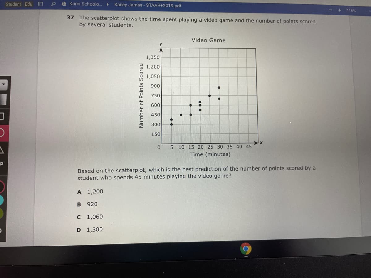 A Kami Schoolo..
Kailey James - STAAR+2019.pdf
Student Edu
+ 116%
37 The scatterplot shows the time spent playing a video game and the number of points scored
by several students.
Video Game
y
1,350
1,200
1,050
900
750
600
450
300
150
5
10 15 20 25 30 35 40 45
Time (minutes)
Based on the scatterplot, which is the best prediction of the number of points scored by a
student who spends 45 minutes playing the video game?
A 1,200
B 920
с 1,060
D 1,300
Number of Points Scored
