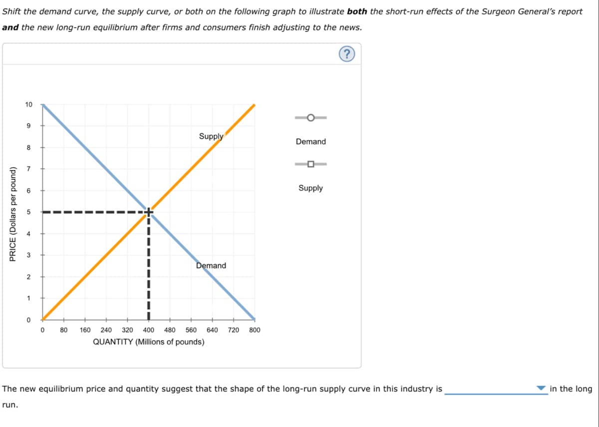 Shift the demand curve, the supply curve, or both on the following graph to illustrate both the short-run effects of the Surgeon General's report
and the new long-run equilibrium after firms and consumers finish adjusting to the news.
10
9
Supply
Demand
8
Supply
Demand
0
80 160 240 320 400 480 560 640 720 800
QUANTITY (Millions of pounds)
in the long
The new equilibrium price and quantity suggest that the shape of the long-run supply curve in this industry is
run.
PRICE (Dollars per pound)
3
2
0