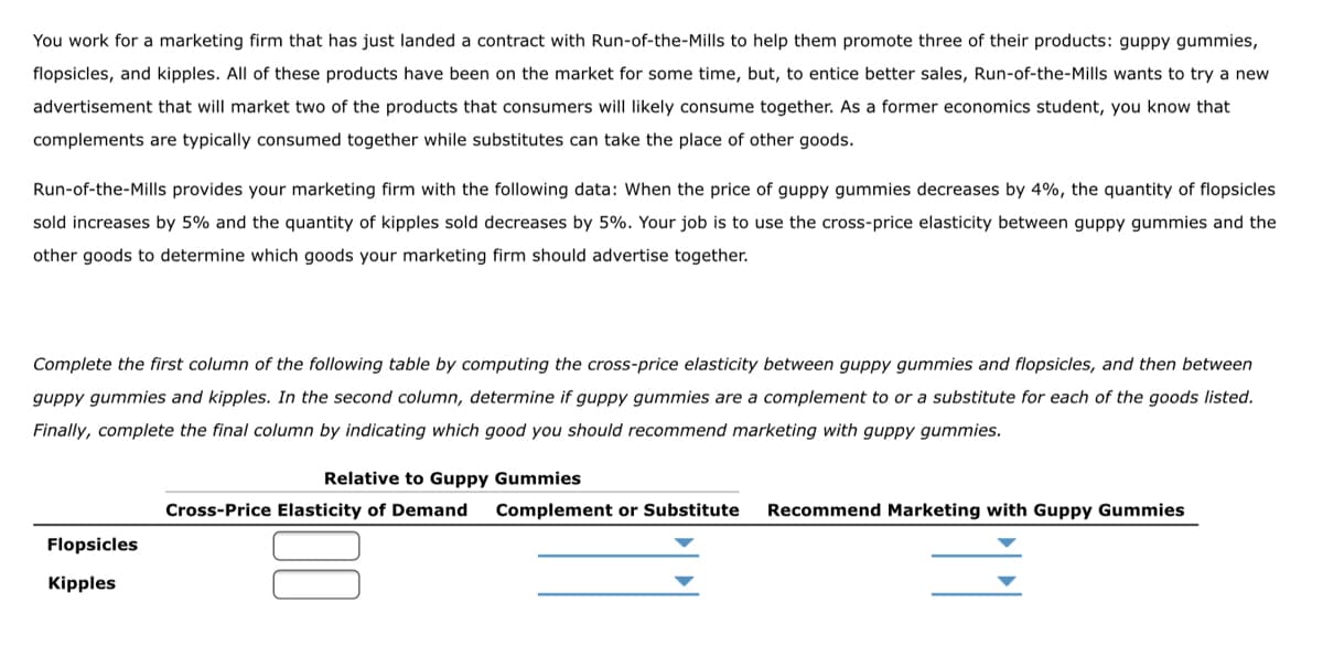 ### Understanding Cross-Price Elasticity in Marketing

#### Scenario

You work for a marketing firm that has just landed a contract with Run-of-the-Mills to help them promote three of their products: guppy gummies, flopsicles, and kipples. All of these products have been on the market for some time, but, to entice better sales, Run-of-the-Mills wants to try a new advertisement that will market two of the products that consumers will likely consume together. As a former economics student, you know that complements are typically consumed together, while substitutes can take the place of other goods.

Run-of-the-Mills provides your marketing firm with the following data: When the price of guppy gummies decreases by 4%, the quantity of flopsicles sold increases by 5% and the quantity of kipples sold decreases by 5%. Your job is to use the cross-price elasticity between guppy gummies and the other goods to determine which goods your marketing firm should advertise together.

#### Task

Complete the first column of the following table by computing the cross-price elasticity between guppy gummies and flopsicles, and then between guppy gummies and kipples. In the second column, determine if guppy gummies are a complement to or a substitute for each of the goods listed. Finally, complete the final column by indicating which good you should recommend marketing with guppy gummies.

#### Table

| Relative to Guppy Gummies | Cross-Price Elasticity of Demand | Complement or Substitute | Recommend Marketing with Guppy Gummies |
|---------------------------|-----------------------------------|--------------------------|---------------------------------------|
| Flopsicles                |                                   |                          |                                       |
| Kipples                   |                                   |                          |                                       |

### Instructions for Completing the Table

1. **Calculate Cross-Price Elasticity of Demand:**
   - Use the formula:
     \[
     E_{xy} = \frac{\text{\% Change in Quantity Demanded of Good Y}}{\text{\% Change in Price of Good X}}
     \]
   - For flopsicles:
     - \% Change in Quantity Demanded of Flopsicles = +5%
     - \% Change in Price of Guppy Gummies = -4%
     - Calculation: \( E_{xy} = \frac{5\%}{-4\%} = -1.25 \)
   - For kipples:
     - \% Change in Quantity Demanded of Kipples = -5%
     -