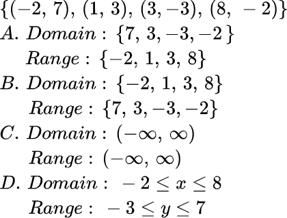 {(-2, 7), (1, 3), (3, –3), (8, – 2)}
А. Domain : {7, 3, —3, —2 }
Range : {-2, 1, 3, 8}
В. Domain : {-2, 1, 3, 8}
Range : {7, 3, –-3, –2}
С. Domain : (-0о, оо)
Range : (-0, )
D. Domain : — 2<т<8
Range : - 3 < y<7
