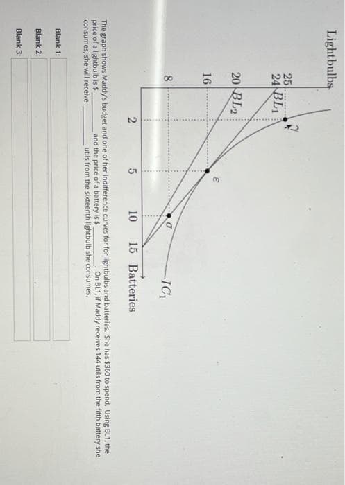 Lightbulbs
25
24 BL1
20 BL2
16
8
-IC
2
10
15 Batteries
The graph shows Maddy's budget and one of her indifference curves for for lightbulbs and batteries. She has $360 to spend. Using BL1, the
price of a lightbulb is $
consumes, she will receive
On BL1, if Maddy receives 144 utils from the fifth battery she
and the price of a battery is $
utils from the sixteenth lightbulb she consumes.
Blank 1:
Blank 2:
Blank 3:
