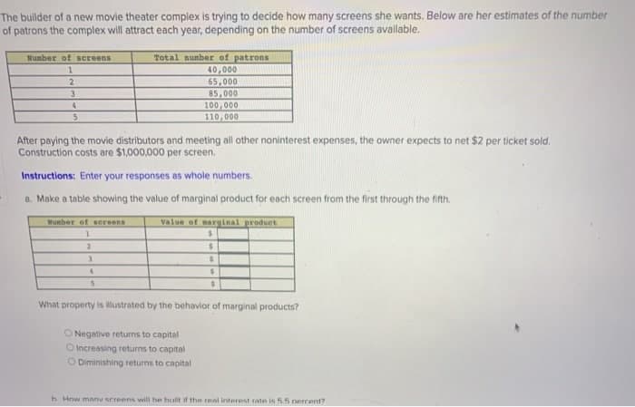 The
builder of a new movie theater complex is trying to decide how many screens she wants. Below are her estimates of the number
of patrons the complex will attract each year, depending on the number of screens available.
Number of screens
1
2
3
4
5
2
After paying the movie distributors and meeting all other noninterest expenses, the owner expects to net $2 per ticket sold.
Construction costs are $1,000,000 per screen.
Instructions: Enter your responses as whole numbers.
a. Make a table showing the value of marginal product for each screen from the first through the fifth
Value of marginal product
Humber of screens
1
$
3
4
Total number of patrons
40,000
65,000
85,000
100,000
110,000
5
$
$
O Negative returns to capital
O Increasing returns to capital
O Diminishing returns to capital
S
m
$
What property is illustrated by the behavior of marginal products?
b. How many screens will be built if the real interest rate is 5.5 percent?