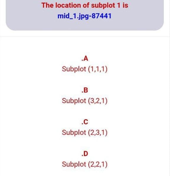 The location of subplot 1 is
mid 1.jpg-87441
.A
Subplot (1,1,1)
.B
Subplot (3,2,1)
.C
Subplot (2,3,1)
.D
Subplot (2,2,1)
