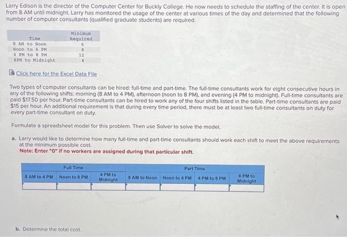Larry Edison is the director of the Computer Center for Buckly College. He now needs to schedule the staffing of the center. It is open
from 8 AM until midnight. Larry has monitored the usage of the center at various times of the day and determined that the following
number of computer consultants (qualified graduate students) are required.
Tine
8 AM to Noon
Noon to 4 PM
4 PM to 8 PH
8PM to Midnight
Minimum
Required
6
8
12
6
Click here for the Excel Data File
Two types of computer consultants can be hired: full-time and part-time. The full-time consultants work for eight consecutive hours in
any of the following shifts: morning (8 AM to 4 PM), afternoon (noon to 8 PM), and evening (4 PM to midnight). Full-time consultants are
paid $17.50 per hour. Part-time consultants can be hired to work any of the four shifts listed in the table. Part-time consultants are paid
$15 per hour. An additional requirement is that during every time period, there must be at least two full-time consultants on duty for
every part-time consultant on duty.
Formulate a spreadsheet model for this problem. Then use Solver to solve the model.
a. Larry would like to determine how many full-time and part-time consultants should work each shift to meet the above requirements
at the minimum possible cost.
Note: Enter "0" if no workers are assigned during that particular shift.
Full Time
8 AM to 4 PM Noon to 8 PM
b. Determine the total cost.
4 PM to
Midnight
Part Time
8 AM to Noon Noon to 4 PM 4PM to 8 PM
8 PM to
Midnight