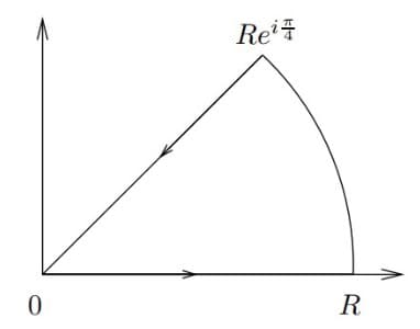 The image above displays a graph depicting the path of a contour in the complex plane. The contour starts at the origin (0, 0), moves linearly to the point represented by \(Re^{i\frac{\pi}{4}}\), and then follows a curved path back to the point \(R\) on the real axis.

### Graph Explanation:

1. **Axes**: 
   - The horizontal axis is labeled \(R\) and represents the real part of the complex plane.
   - The vertical axis is not labeled but typically represents the imaginary part of the complex plane.

2. **Path Description**:
   - The contour begins at the origin, indicated by the point \(0\) at the intersection of the two axes.
   - It then proceeds linearly to the point labeled \(Re^{i\frac{\pi}{4}}\). This point is at a distance \(R\) from the origin and makes an angle of \( \frac{\pi}{4}\) (or 45 degrees) with the positive real axis.
   - The path then follows a curved line back to the point \(R\) on the real axis. This curved part is an arc, indicating a transition from the angular position \(Re^{i\frac{\pi}{4}}\) to \(R\) along a radial path.

3. **Arrows**:
   - The arrows on the graph indicate the direction of the contour. It moves from the origin along a straight line to \(Re^{i\frac{\pi}{4}}\) and then follows an arc back to \(R\).

This graph is typically used in the context of complex analysis to illustrate contour integration, a crucial concept for evaluating integrals over complex functions using paths in the complex plane.