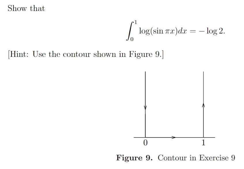 Show that
0
1
log(sin x) dx
[Hint: Use the contour shown in Figure 9.]
=
- log 2.
1
0
Figure 9. Contour in Exercise 9