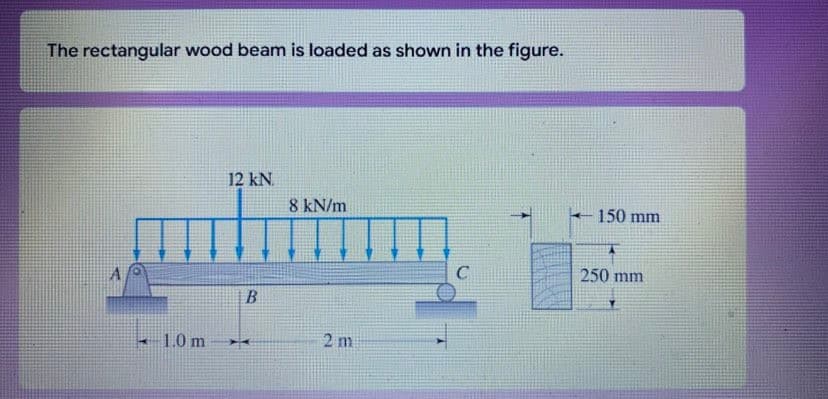 The rectangular wood beam is loaded as shown in the figure.
12 kN.
8 kN/m
A
C
1.0 m
B
2m
150 mm
250 mm