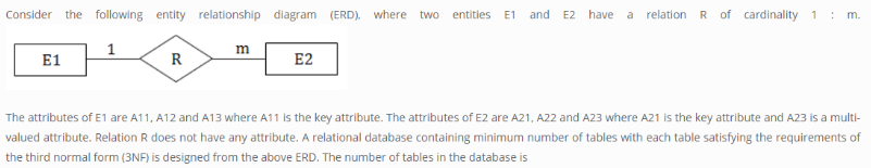 Consider the following entity relationship diagram (ERD). where two entities E1 and E2 have a relation R of cardinality 1: m.
m
E1
E2
The attributes of E1 are A11, A12 and A13 where A11 is the key attribute. The attributes of E2 are A21, A22 and A23 where A21 is the key attribute and A23 is a multi-
valued attribute. Relation R does not have any attribute. A relational database containing minimum number of tables with each table satisfying the requirements of
the third normal form (3NF is designed from the above ERD. The number of tables in the database is
R.
