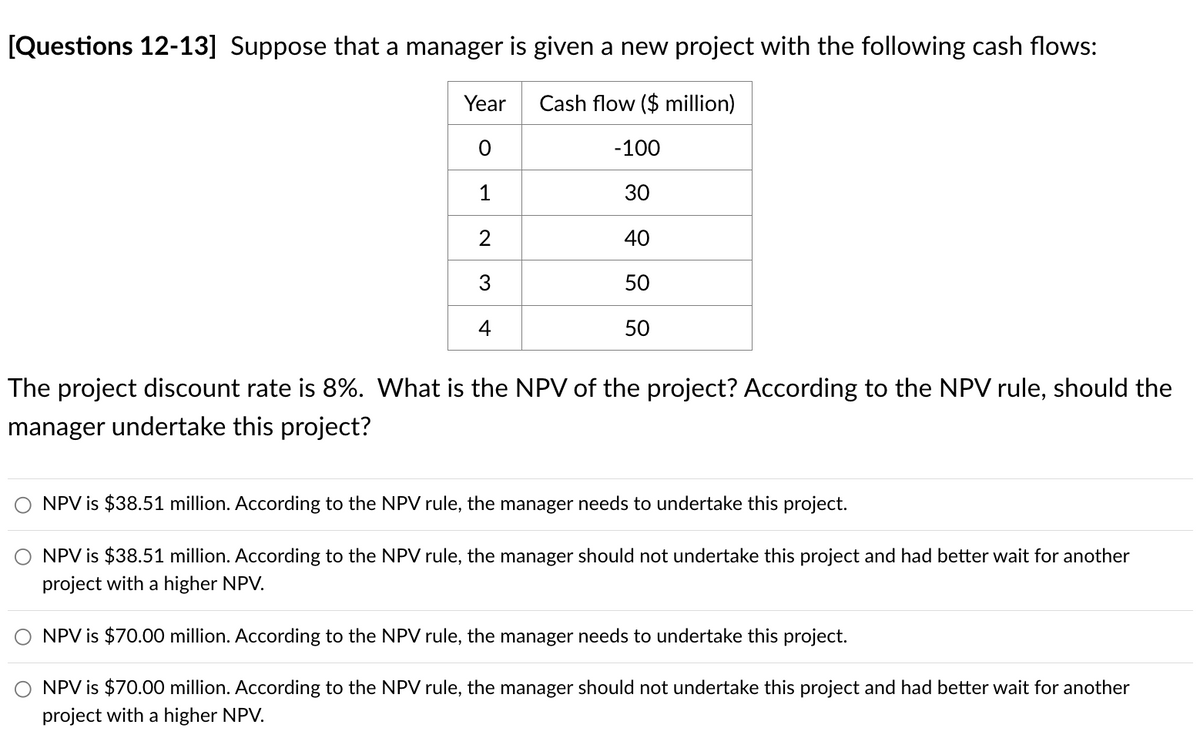 [Questions 12-13] Suppose that a manager is given a new project with the following cash flows:
Cash flow ($ million)
-100
30
40
50
50
Year
1
2
3
4
The project discount rate is 8%. What is the NPV of the project? According to the NPV rule, should the
manager undertake this project?
NPV is $38.51 million. According to the NPV rule, the manager needs to undertake this project.
NPV is $38.51 million. According to the NPV rule, the manager should not undertake this project and had better wait for another
project with a higher NPV.
NPV is $70.00 million. According to the NPV rule, the manager needs to undertake this project.
NPV is $70.00 million. According to the NPV rule, the manager should not undertake this project and had better wait for another
project with a higher NPV.