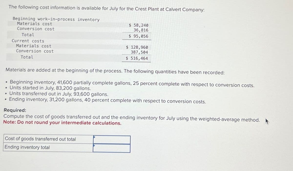 The following cost information is available for July for the Crest Plant at Calvert Company:
Beginning work-in-process inventory
Materials cost
Conversion cost
Total
Current costs
Materials cost
Conversion cost
Total
$ 58,240
36,816
$ 95,056
$ 128,960
387,504
$ 516,464
Materials are added at the beginning of the process. The following quantities have been recorded:
Beginning inventory, 41,600 partially complete gallons, 25 percent complete with respect to conversion costs.
• Units started in July, 83,200 gallons.
• Units transferred out in July, 93,600 gallons.
.
Ending inventory, 31,200 gallons, 40 percent complete with respect to conversion costs.
Cost of goods transferred out total
Ending inventory total
Required:
Compute the cost of goods transferred out and the ending inventory for July using the weighted-average method.
Note: Do not round your intermediate calculations.