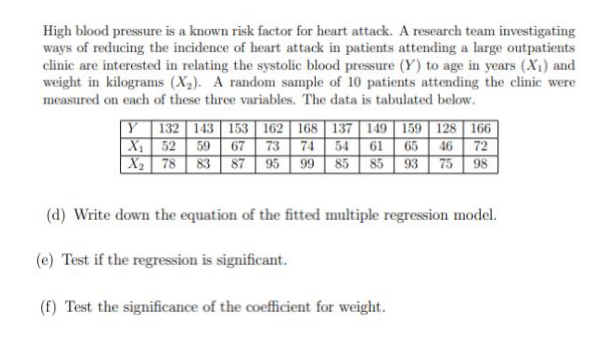 High blood pressure is a known risk factor for heart attack. A research team investigating
ways of reducing the incidence of heart attack in patients attending a large outpatients
clinic are interested in relating the systolic blood pressure (Y) to age in years (X₁) and
weight in kilograms (X₂). A random sample of 10 patients attending the clinic were
measured on each of these three variables. The data is tabulated below.
Y 132 143 153 162 168 137 149 159 128 166
X₁
54 61 65 46 72
52 59 67 73
X₂ 78 83 87 95 99 85 85
93 75 98
(d) Write down the equation of the fitted multiple regression model.
(e) Test if the regression is significant.
(f) Test the significance of the coefficient for weight.