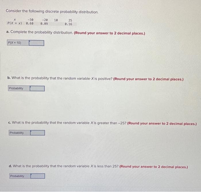 Consider the following discrete probability distribution.
25
0.16
X
-30
P(X x) 0.60 0.09
a. Complete the probability distribution. (Round your answer to 2 decimal places.)
P(X = 10)
b. What is the probability that the random variable X is positive? (Round your answer to 2 decimal places.)
Probability
-20 10
c. What is the probability that the random variable X is greater than -25? (Round your answer to 2 decimal places.)
Probability
d. What is the probability that the random variable X is less than 25? (Round your answer to 2 decimal places.)
Probability