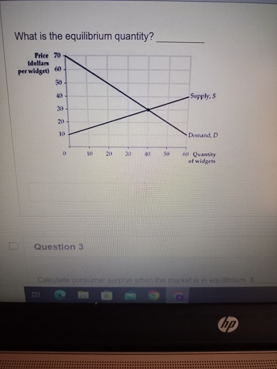 What is the equilibrium quantity?
Price 70
(dollars
per widget)
60.
50 -
40
ÏI
30
20
AN
Question 3
141
E
211
20
40
50
Supply, S
Demand, D
6 Quantity
of widgets
Calculate consumer surplus when the market is in equilibrium. S
hip