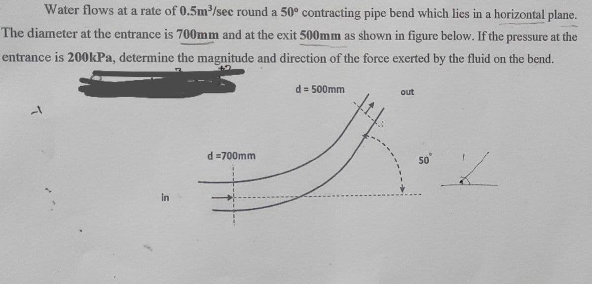 Water flows at a rate of 0.5m³/sec round a 50° contracting pipe bend which lies in a horizontal plane.
The diameter at the entrance is 700mm and at the exit 500mm as shown in figure below. If the pressure at the
entrance is 200kPa, determine the magnitude and direction of the force exerted by the fluid on the bend.
d = 500mm
out
d =700mm
2
in
50