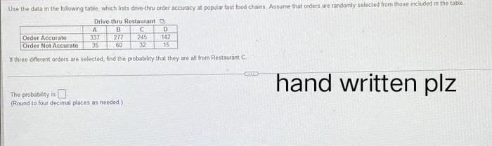 Use the data in the following table, which lists drive-thru order accuracy at popular fast food chains Assume that orders are randomly selected from those included in the table.
Drive-thru Restaurant D
A
B
C
D
Order Accurate
337
277
245
142
Order Nos Accurate
35
60
32
15
If three different orders are selected, find the probability that they are all from Restaurant C
C
hand written plz
The probability is
(Round to four decimal places as needed)