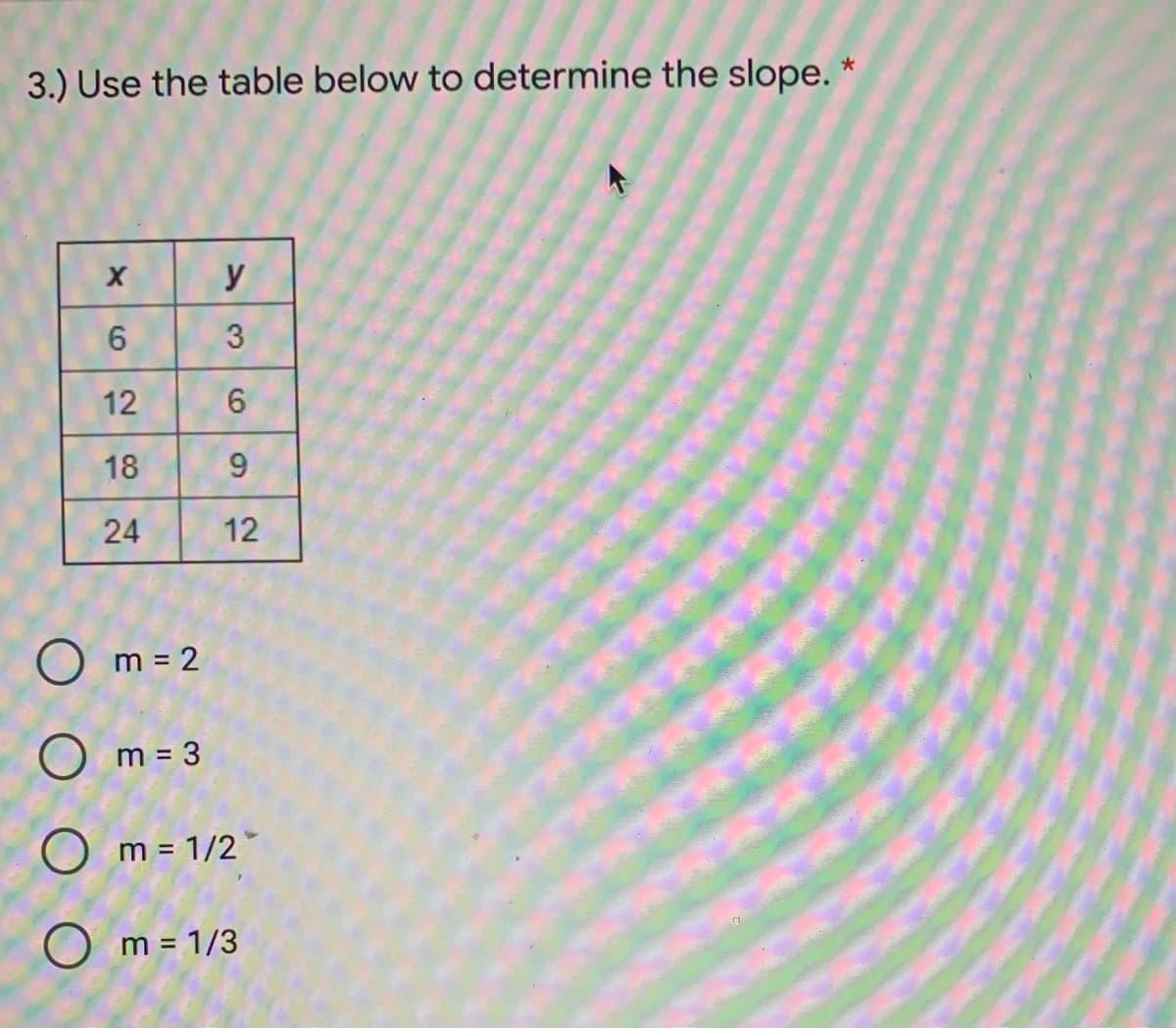 3.) Use the table below to determine the slope.
y
6
12
18
24
12
m = 2
m = 3
%3D
Om = 1/2*
O m = 1/3
3.
6,
9,
