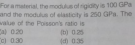 For a material, the modulus of rigidity is 100 GPa
and the modulus of elasticity is 250 GPa. The
value of the Poisson's ratio is
а) 0.20
c) 0.30
(b) 0.25
(d) 0.35
