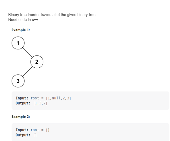 Binary tree inorder traversal of the given binary tree
Need code in c++
Example 1:
1
3
2
Input: root = [1,null,2,3]
Output: [1,3,2]
Example 2:
Input: root = []
Output: []