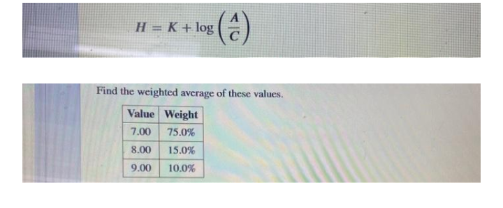H = K + log
Find the weighted average of these values.
Value Weight
7.00
75.0%
8.00
15.0%
9.00
10.0%
