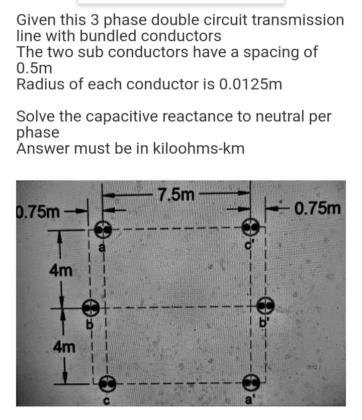 Given this 3 phase double circuit transmission
line with bundled conductors
The two sub conductors have a spacing of
0.5m
Radius of each conductor is 0.0125m
Solve the capacitive reactance to neutral per
phase
Answer must be in kiloohms-km
7.5m
0.75m
0.75m
4m
4m
