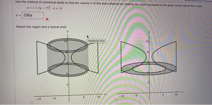 Use the method of cylindrical shells to find the volume V of the solld obtained by rotating the region bounded by the given curves about the x-axis.
x =1 + (y - 7), x- 10
V- 336x
Sketch the region and a typical shell.
y
WebAssign Plot
10
